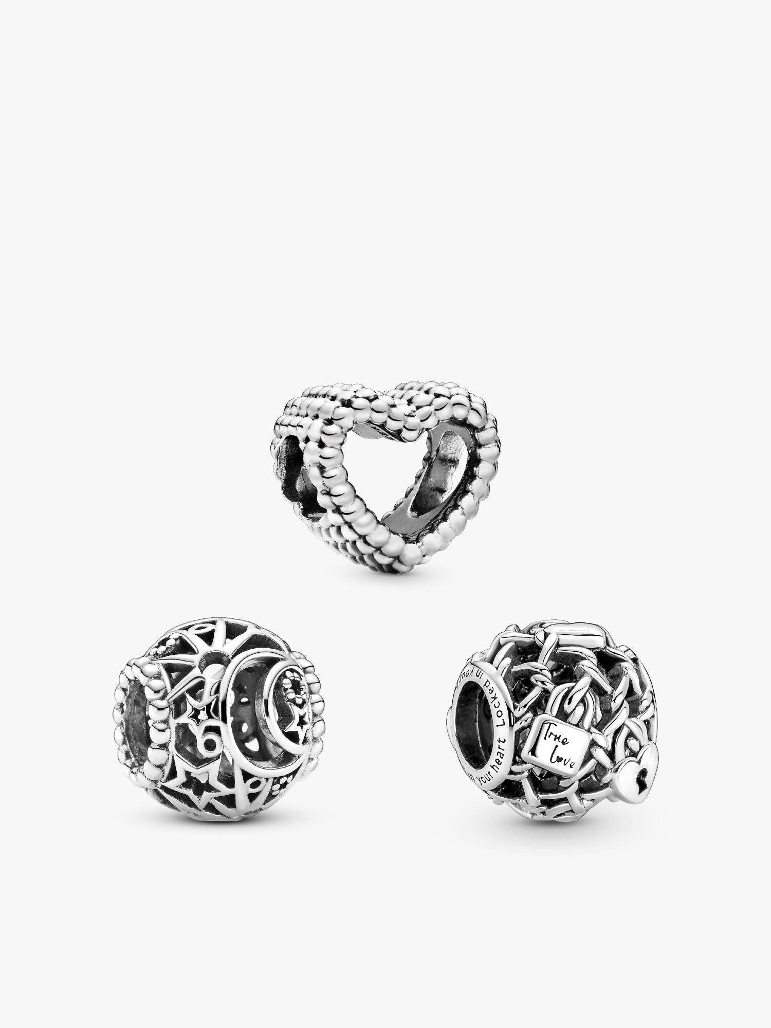 Ensemble de charms Cœur Ouvert, Cadenas et Soleil, Étoiles & Lune