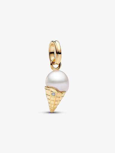Charm Pendant Crème Glacée et Perle de Culture d’Eau Douce Traitée Baroque Doré