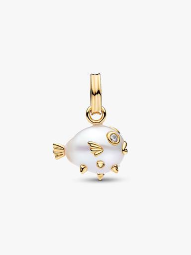 Charm Pendant Poisson-Globe et Perle de Culture d’Eau Douce Traitée Baroque Doré