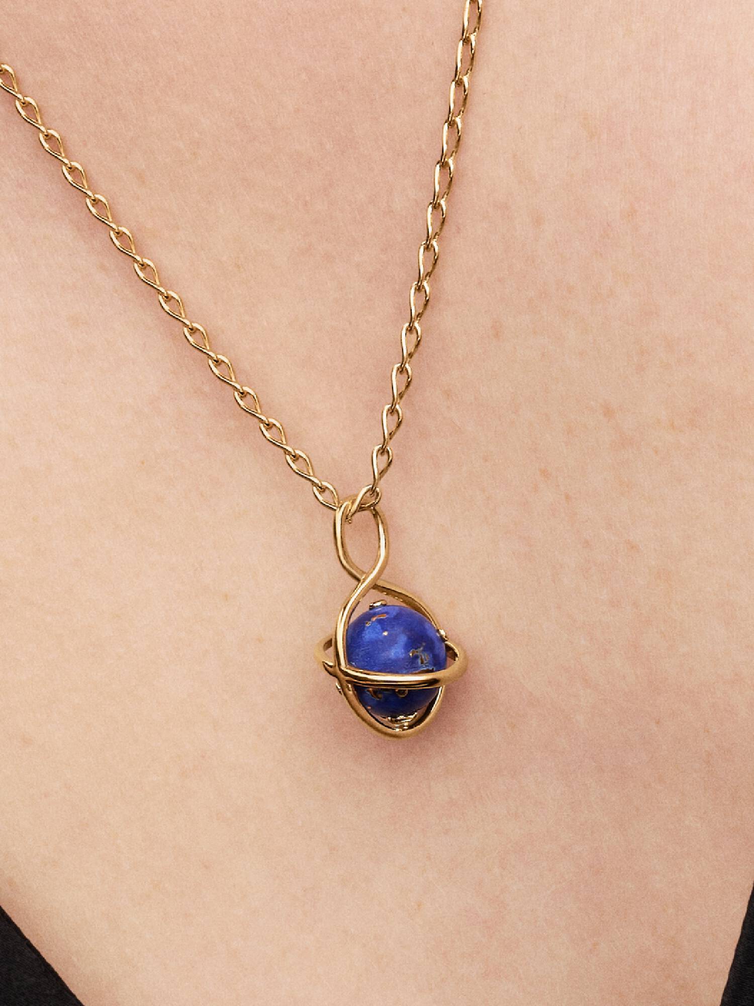 Charm Pendant Planète Bleu Céleste Rotatif Doré