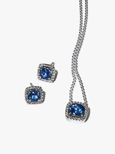 Parure Collier & Clous d'Oreilles Halo Bleu Carré Scintillant