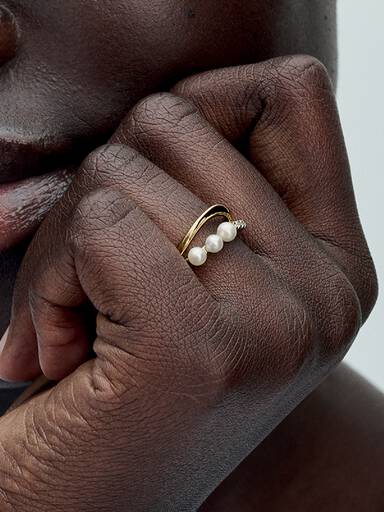 Bague Double Anneau Perle de Culture d'Eau Douce Traitée & de Forme Organique