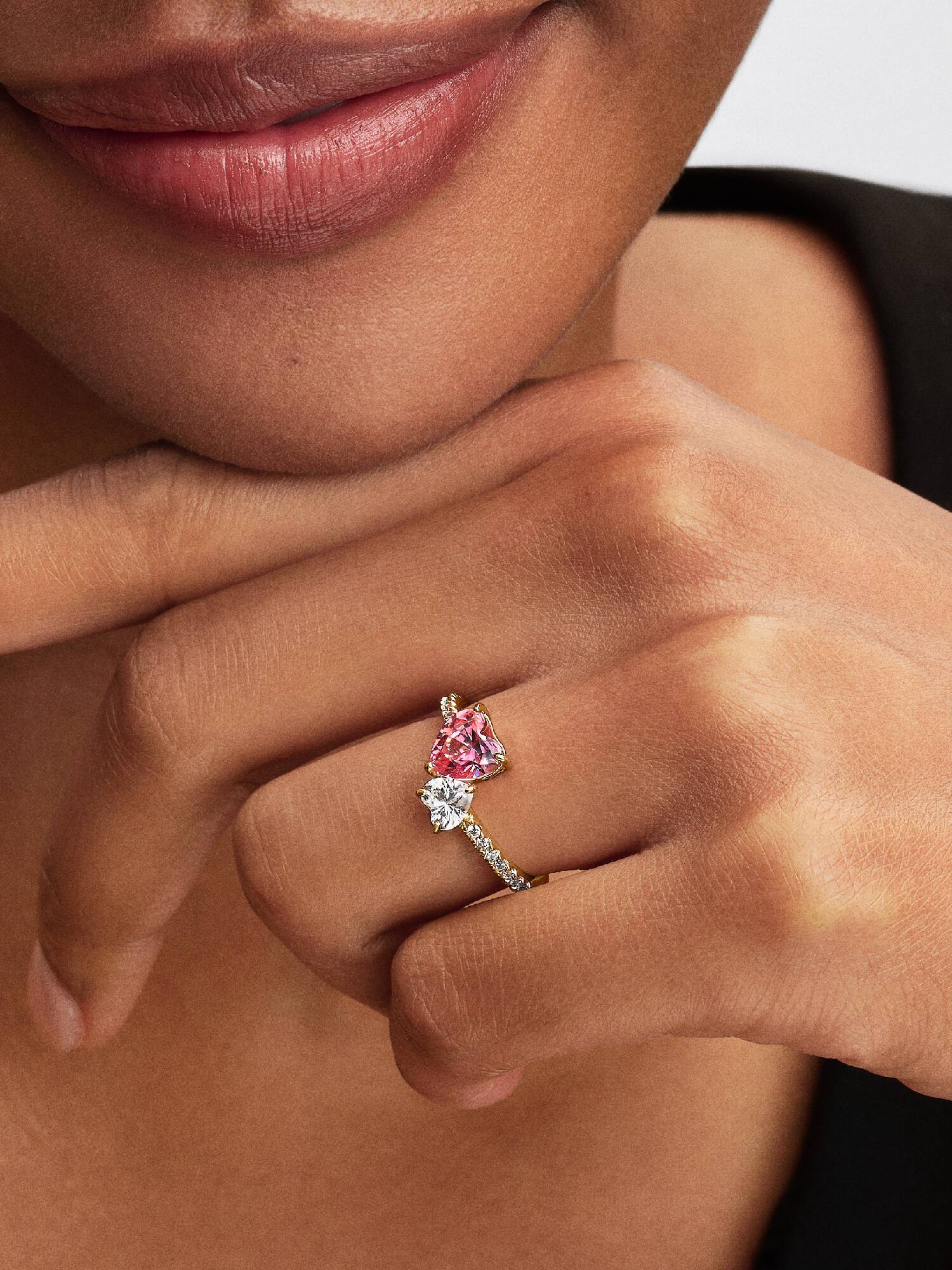 Bague Scintillante Double Cœur Rose & Incolore