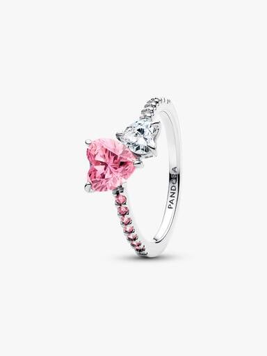 Bague Scintillante Double Cœur Rose & Incolore