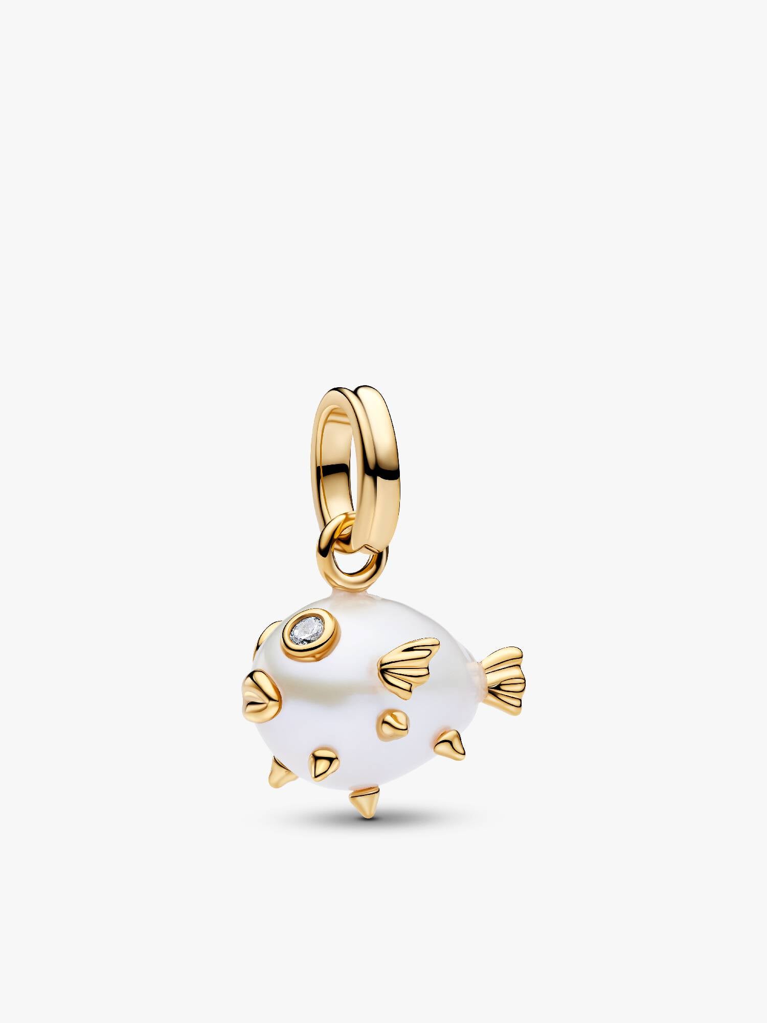 Charm Pendant Poisson-Globe et Perle de Culture d’Eau Douce Traitée Baroque Doré
