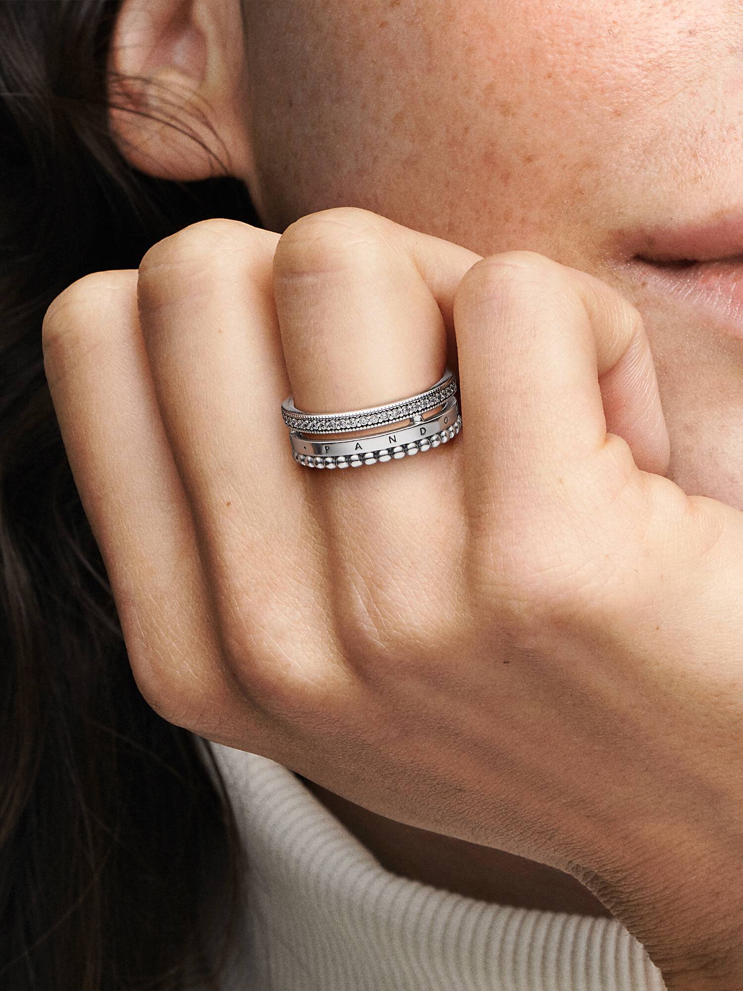 Bague Pavé & motifs perlés Pandora Signature