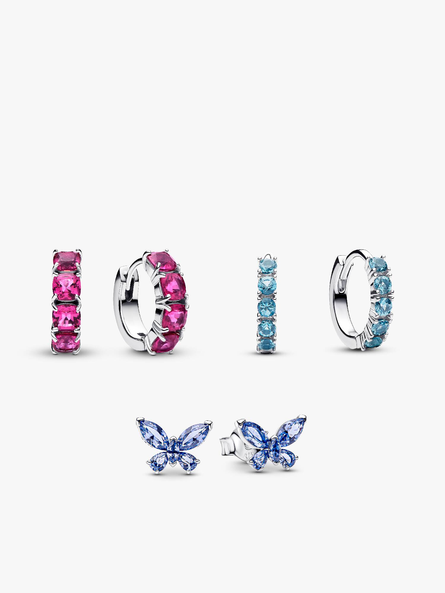 Ensemble de Boucles d’Oreilles Créoles Roses, Huggies Bleu Clair & Clous Papillon