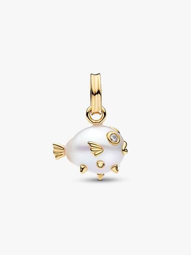 Charm Pendant Poisson-Globe et Perle de Culture d’Eau Douce Traitée Baroque Doré