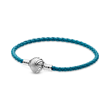Bracelet en Cuir Tressé Turquoise Fermoir Coquillage Pandora Moments