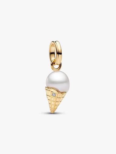 Charm Pendant Crème Glacée et Perle de Culture d’Eau Douce Traitée Baroque Doré