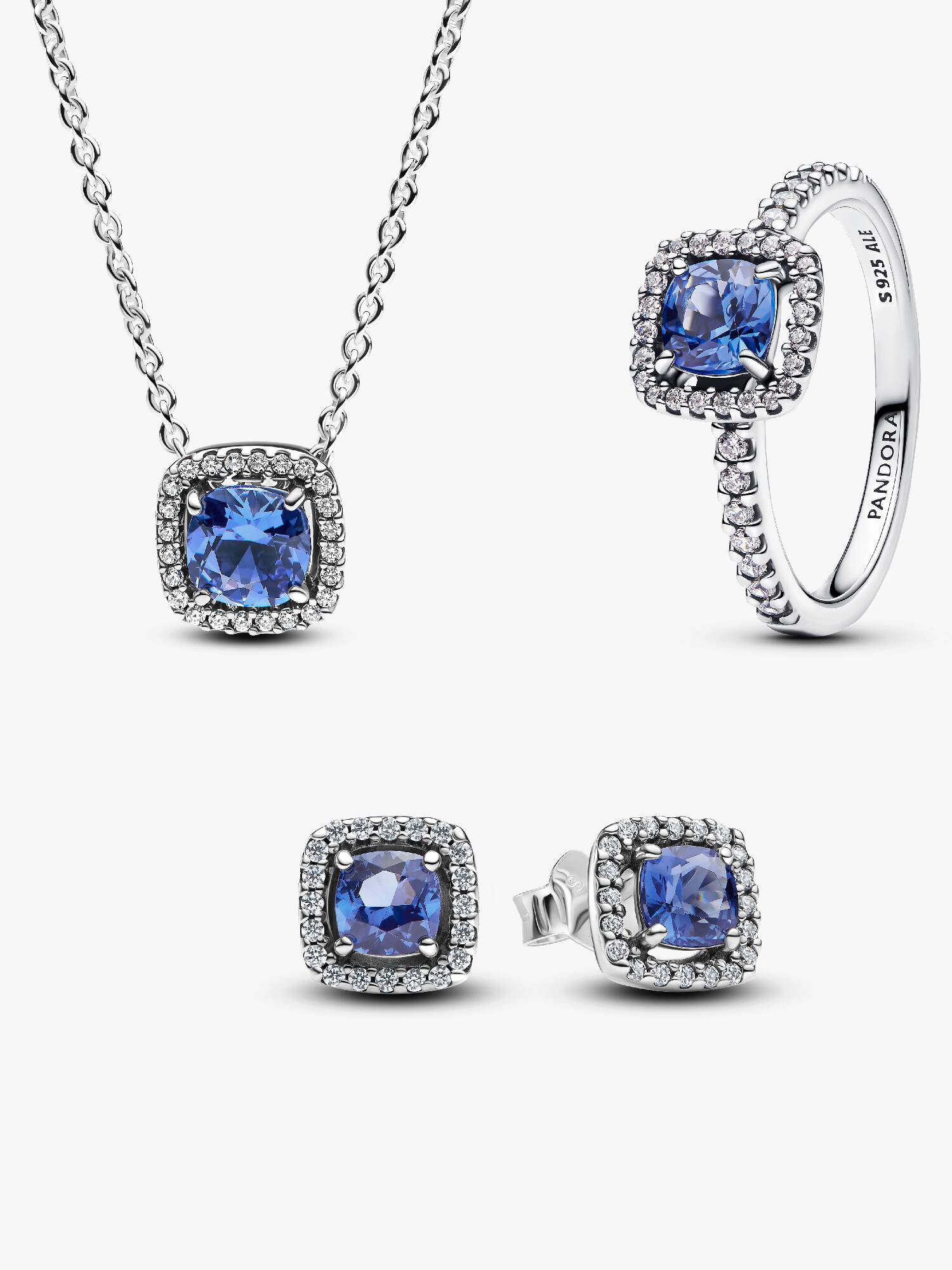 Parure Bague, Collier & Clous d'Oreilles Halo Bleu Carré Scintillant