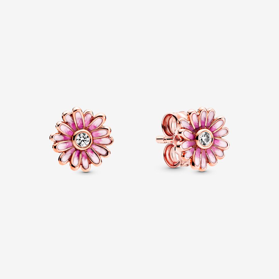 Boucles d'oreilles fleurs marguerite rose en argent 925 attaches à vis