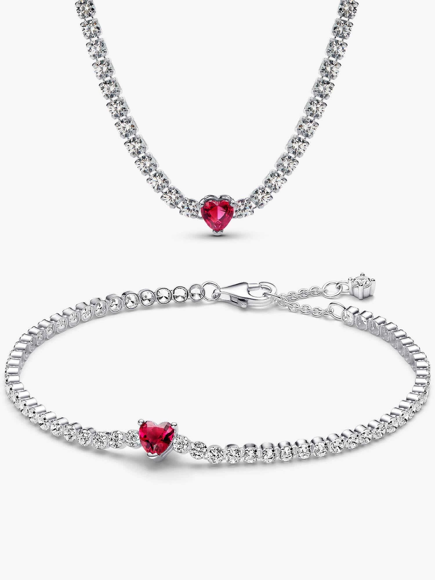 Parure Choker & Bracelet Rivière Cœur Rouge Scintillant Argent Massif