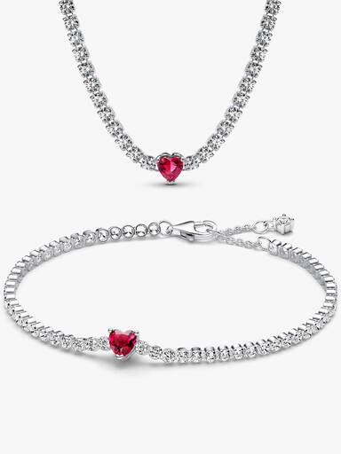 Parure Choker & Bracelet Rivière Cœur Rouge Scintillant Argent Massif