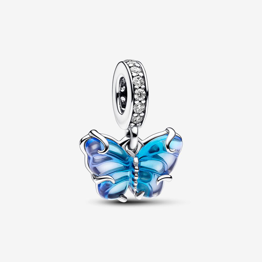 Charm Pendant Papillon en Verre de Murano Bleu image number 0