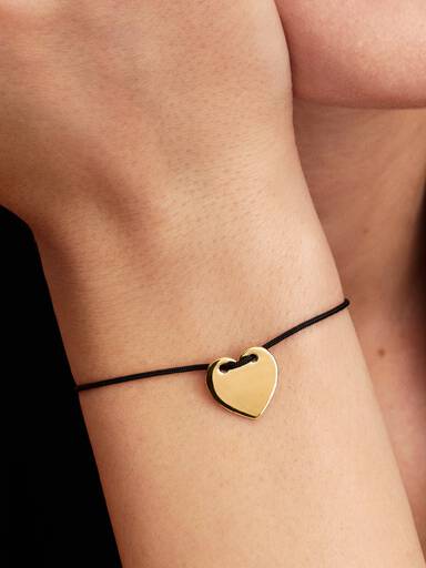 Bracelet Coulissant Cordon Noir et Cœur Gravable Doré