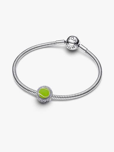 Tennis ball sterling silver charm with clear cubic zirconia and yellow enamel