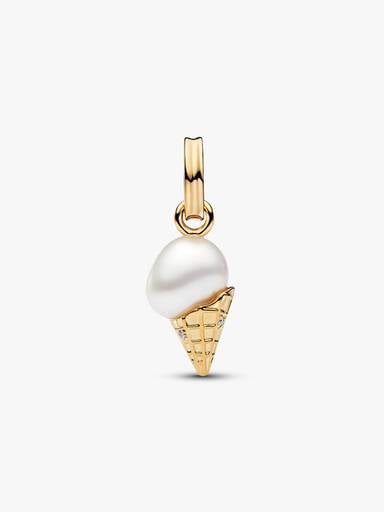 Charm Pendant Crème Glacée et Perle de Culture d’Eau Douce Traitée Baroque Doré