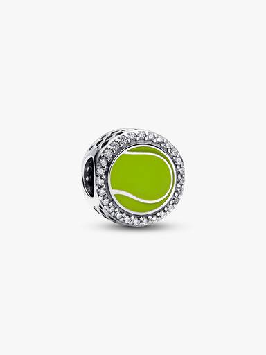 Tennis ball sterling silver charm with clear cubic zirconia and yellow enamel
