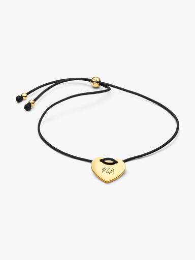 Bracelet Coulissant Cordon Noir et Cœur Gravable Doré