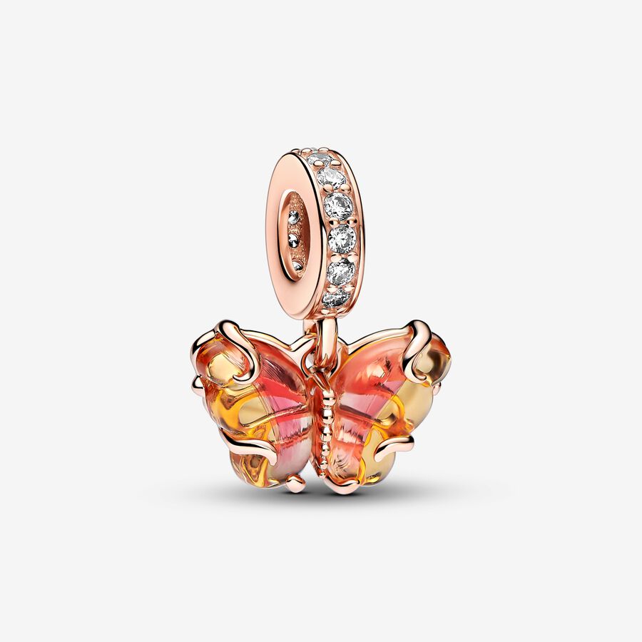 Charm Pendant Papillon en Verre de Murano Rose & Jaune image number 0
