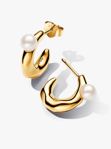 Boucles d'Oreilles Créoles de Forme Organique et Perle de Culture
