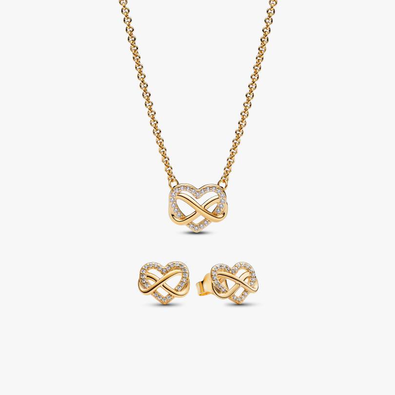 Parure Dorée à l'Or Collier et Clous d'Oreilles Cœur Infini Scintillants